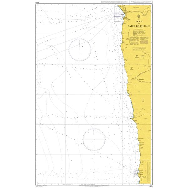 Product image of Admiralty Chart 4218 | Arica to Bahia de Iquique, featuring navigational markings, depth soundings, and coastal features, essential for safe marine navigation. It could be displayed as an art piece or used for navigation on a boat or ship.