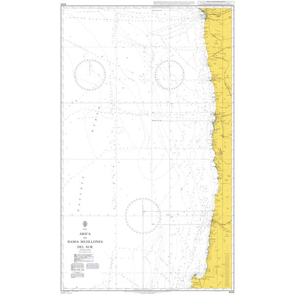 Product image of Admiralty Chart 4220 | Arica to Bahia Mejillones del Sur, featuring navigational markings, depth soundings, and coastal features, essential for safe marine navigation. It could be displayed as an art piece or used for navigation on a boat or ship.