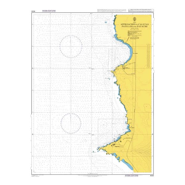 Product image of Admiralty Chart 4222 | Approaches to Caletas Patillos and Patache, featuring navigational markings, depth soundings, and coastal features, essential for safe marine navigation. It could be displayed as an art piece or used for navigation on a boat or ship.