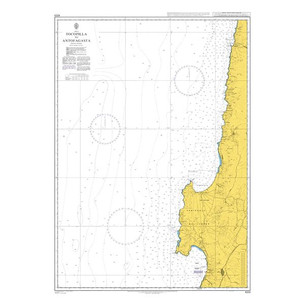 Product image of Admiralty Chart 4223 | Tocopilla to Antofagasta, featuring navigational markings, depth soundings, and coastal features, essential for safe marine navigation. It could be displayed as an art piece or used for navigation on a boat or ship.