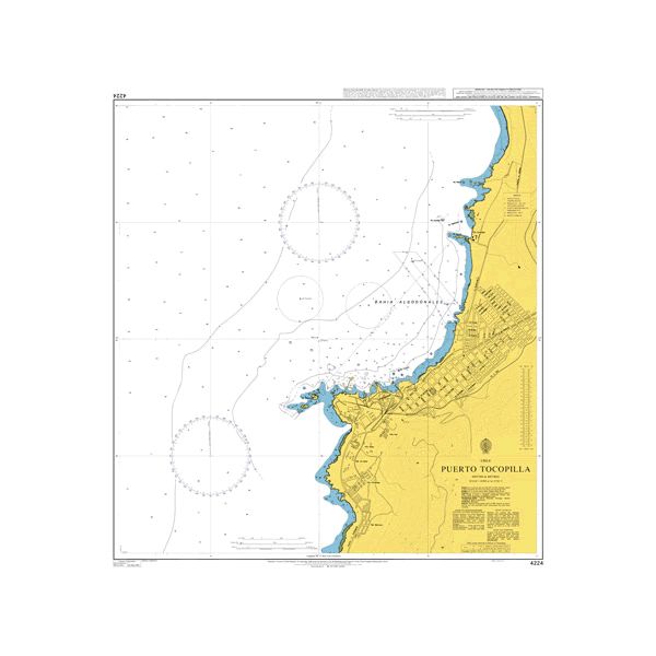 Product image of Admiralty Chart 4224 | Puerto Tocopilla, featuring navigational markings, depth soundings, and coastal features, essential for safe marine navigation. It could be displayed as an art piece or used for navigation on a boat or ship.