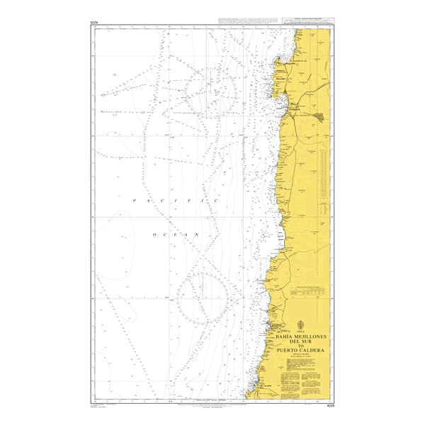 Product image of Admiralty Chart 4225 | Bahia Mejillones del Sur to Puerto Caldera, featuring navigational markings, depth soundings, and coastal features, essential for safe marine navigation. It could be displayed as an art piece or used for navigation on a boat or ship.