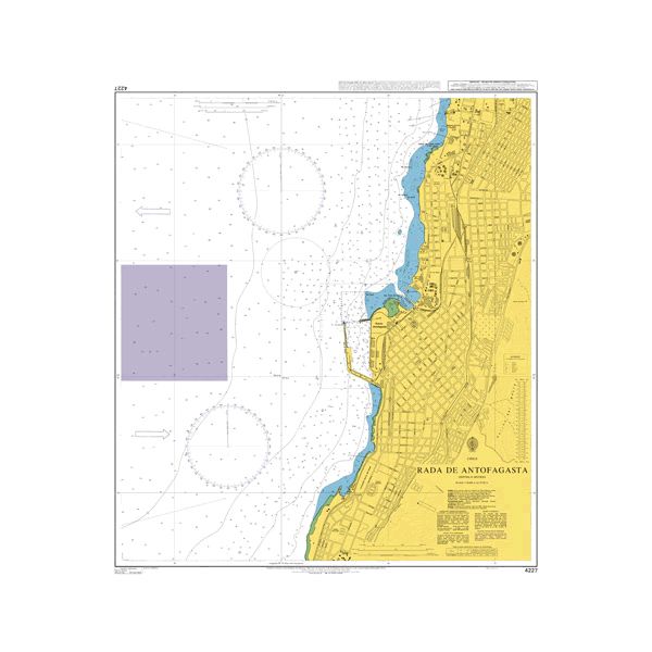 Product image of Admiralty Chart 4227 | Rada de Antofagasta, featuring navigational markings, depth soundings, and coastal features, essential for safe marine navigation. It could be displayed as an art piece or used for navigation on a boat or ship.