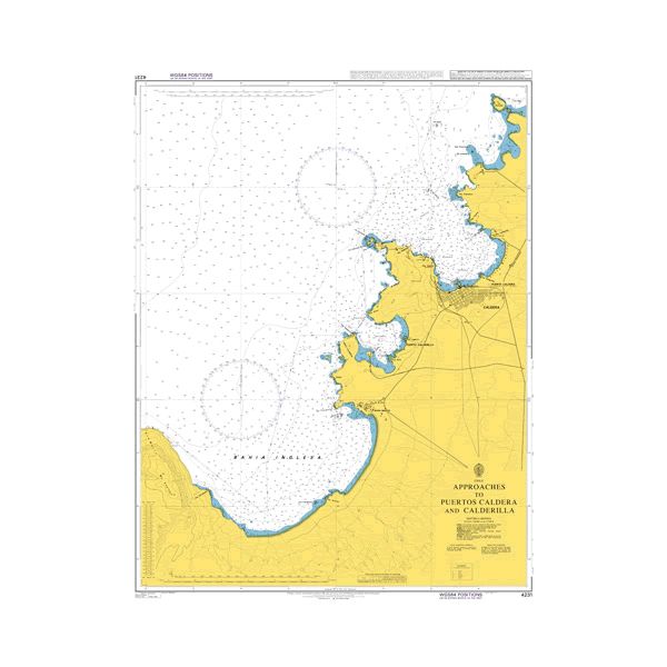 Product image of Admiralty Chart 4231 | Approaches to Puertos Caldera and Calderilla, featuring navigational markings, depth soundings, and coastal features, essential for safe marine navigation. It could be displayed as an art piece or used for navigation on a boat or ship.