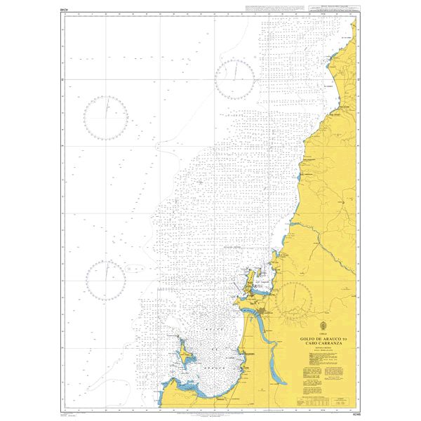 Product image of Admiralty Chart 4246 | Golfo de Arauco to Cabo Carranza, featuring navigational markings, depth soundings, and coastal features, essential for safe marine navigation. It could be displayed as an art piece or used for navigation on a boat or ship.