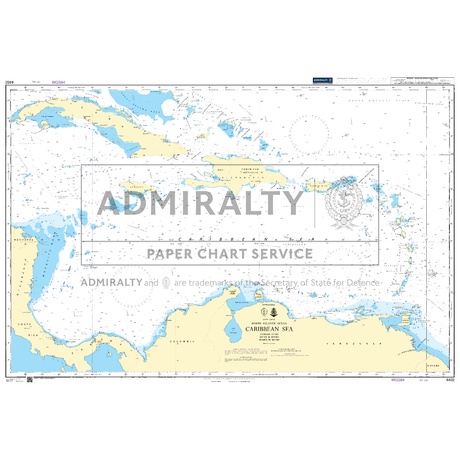 Product image of Admiralty Chart 4402 | Caribbean Sea, featuring navigational markings, depth soundings, and coastal features, essential for safe marine navigation. It could be displayed as an art piece or used for navigation on a boat or ship.