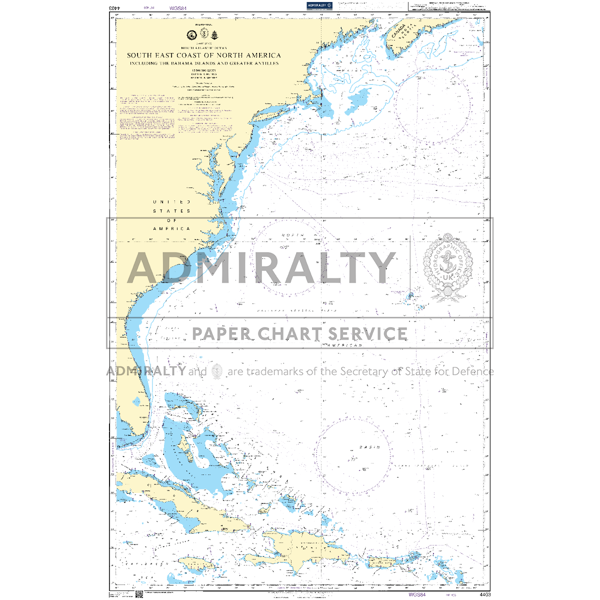 Product image of Admiralty Chart 4403 | South East Coast of North America including the Bahama Islands and Greater Antilles, featuring navigational markings, depth soundings, and coastal features, essential for safe marine navigation. It could be displayed as an art piece or used for navigation on a boat or ship.