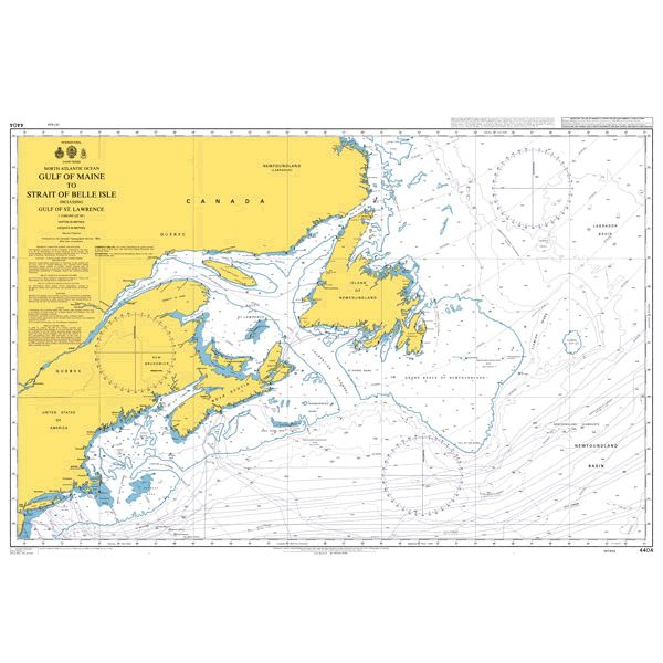 Product image of Admiralty Chart 4404 | Gulf of Maine to Strait of Belle Isle including Gulf of Saint Lawrence, featuring navigational markings, depth soundings, and coastal features, essential for safe marine navigation. It could be displayed as an art piece or used for navigation on a boat or ship.