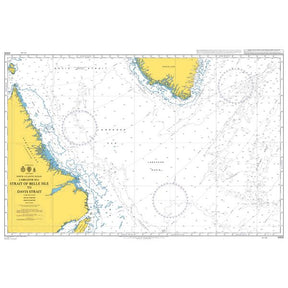 Product image of Admiralty Chart 4405 | Strait of Belle Isle to Davis Strait, featuring navigational markings, depth soundings, and coastal features, essential for safe marine navigation. It could be displayed as an art piece or used for navigation on a boat or ship.