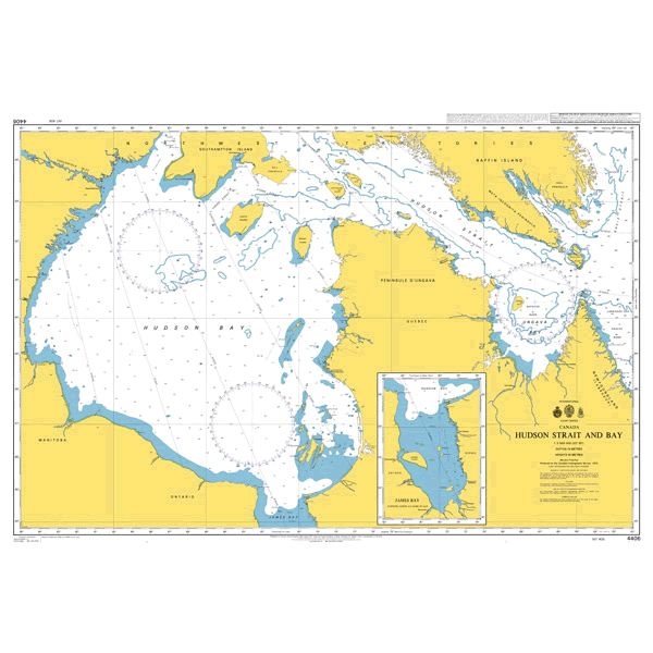 Product image of Admiralty Chart 4406 | Hudson Bay and Strait Baie et Detroit d'Hudson, featuring navigational markings, depth soundings, and coastal features, essential for safe marine navigation. It could be displayed as an art piece or used for navigation on a boat or ship.