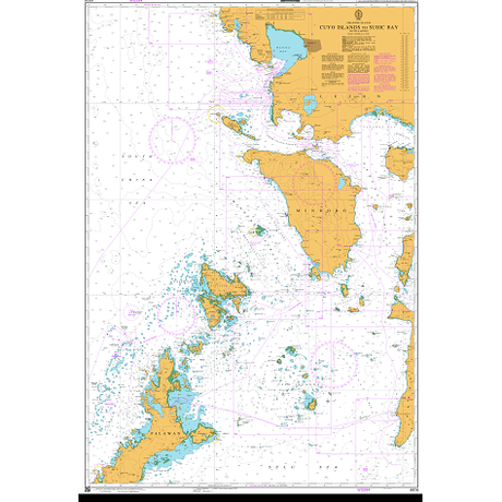 Product image of Admiralty Chart 4414 | Cuyo Islands to Subic Bay, featuring navigational markings, depth soundings, and coastal features, essential for safe marine navigation. It could be displayed as an art piece or used for navigation on a boat or ship.