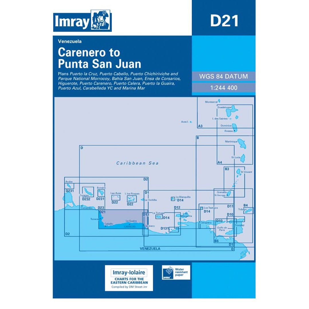 Imray Chart D21: Carenero to Punta San Juan by Imray features the Venezuelan coast, chart titles, a blue background, and detailed maritime navigation from the Imray-Iolaire Caribbean series.