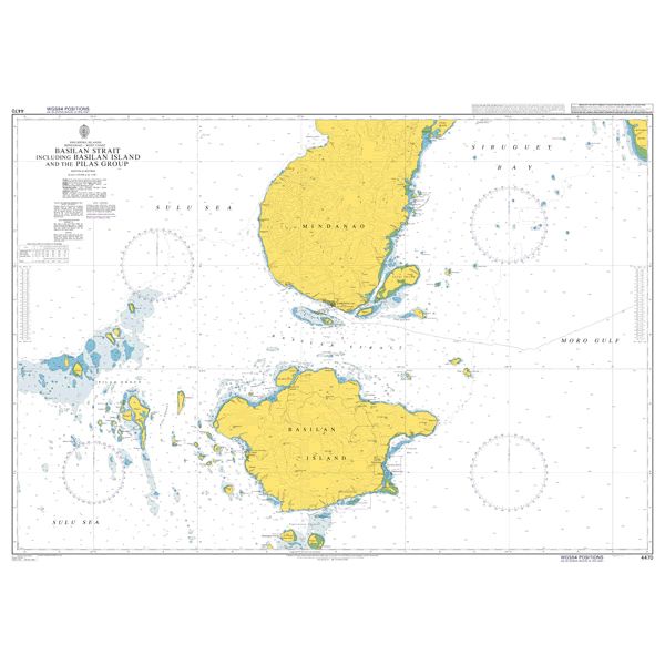 Product image of Admiralty Chart 4470 | Basilan Strait including Basilan Island and the Pilas Group, featuring navigational markings, depth soundings, and coastal features, essential for safe marine navigation. It could be displayed as an art piece or used for navigation on a boat or ship.