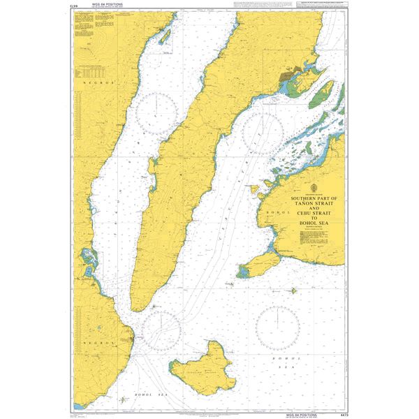 Product image of Admiralty Chart 4473 | Southern Part of Tanon Strait and Cebu Strait to Bohol Sea, featuring navigational markings, depth soundings, and coastal features, essential for safe marine navigation. It could be displayed as an art piece or used for navigation on a boat or ship.