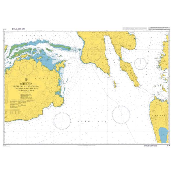 Product image of Admiralty Chart 4474 | Bohol Sea - Southern Approaches to Canigao Channel and Surigao Strait, featuring navigational markings, depth soundings, and coastal features, essential for safe marine navigation. It could be displayed as an art piece or used for navigation on a boat or ship.