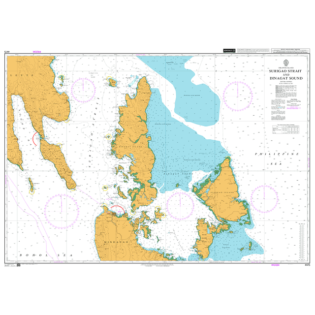 Product image of Admiralty Chart 4475 | Surigao Strait and Dinagat Sound, featuring navigational markings, depth soundings, and coastal features, essential for safe marine navigation. It could be displayed as an art piece or used for navigation on a boat or ship.