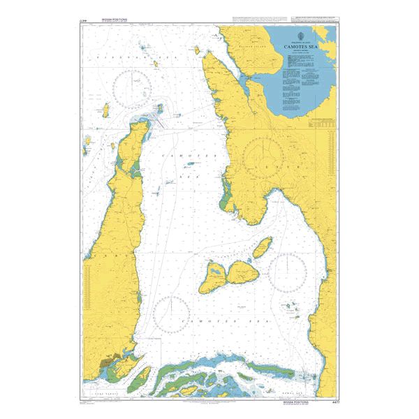 Product image of Admiralty Chart 4477 | Camotes Sea, featuring navigational markings, depth soundings, and coastal features, essential for safe marine navigation. It could be displayed as an art piece or used for navigation on a boat or ship.