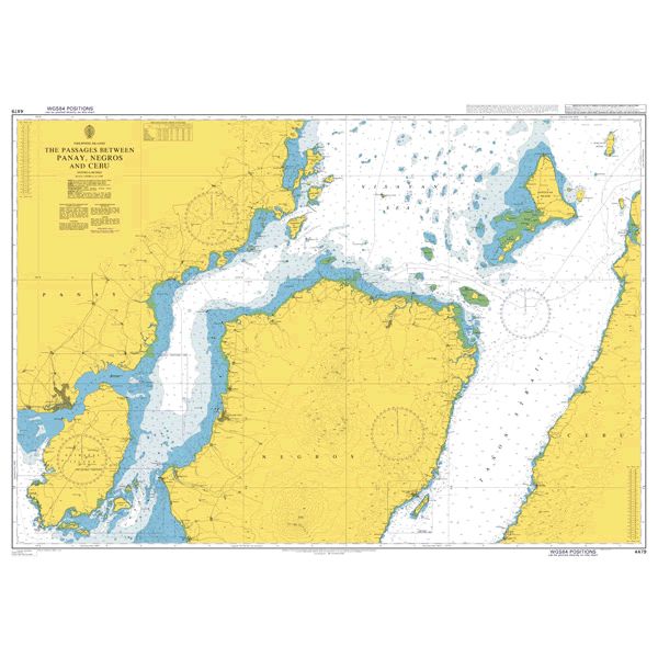 Product image of Admiralty Chart 4479 | The Passages between Panay, Negros and Cebu, featuring navigational markings, depth soundings, and coastal features, essential for safe marine navigation. It could be displayed as an art piece or used for navigation on a boat or ship.