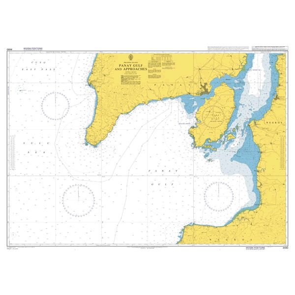 Product image of Admiralty Chart 4480 | Panay Gulf and Approaches, featuring navigational markings, depth soundings, and coastal features, essential for safe marine navigation. It could be displayed as an art piece or used for navigation on a boat or ship.