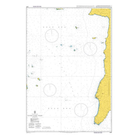 Product image of Admiralty Chart 4481 | Cuyo East Pass, featuring navigational markings, depth soundings, and coastal features, essential for safe marine navigation. It could be displayed as an art piece or used for navigation on a boat or ship.