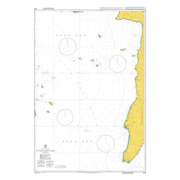 Product image of Admiralty Chart 4481 | Cuyo East Pass, featuring navigational markings, depth soundings, and coastal features, essential for safe marine navigation. It could be displayed as an art piece or used for navigation on a boat or ship.