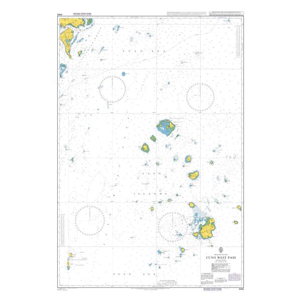 Product image of Admiralty Chart 4482 | Cuyo West Pass, featuring navigational markings, depth soundings, and coastal features, essential for safe marine navigation. It could be displayed as an art piece or used for navigation on a boat or ship.