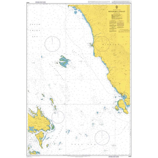 Product image of Admiralty Chart 4483 | Mindoro Strait, featuring navigational markings, depth soundings, and coastal features, essential for safe marine navigation. It could be displayed as an art piece or used for navigation on a boat or ship.