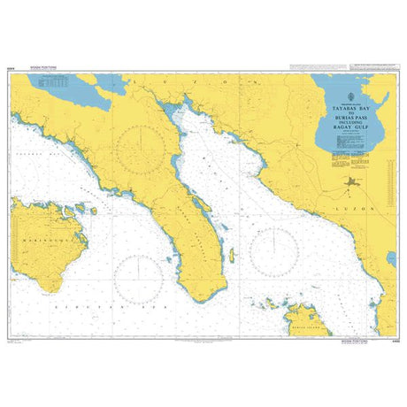 Product image of Admiralty Chart 4488 | Tayabas Bay to Burias Pass including Ragay Gulf, featuring navigational markings, depth soundings, and coastal features, essential for safe marine navigation. It could be displayed as an art piece or used for navigation on a boat or ship.