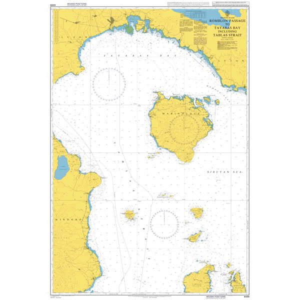 Product image of Admiralty Chart 4489 | Romblon Passage to Tayabas Bay including Tablas Strait, featuring navigational markings, depth soundings, and coastal features, essential for safe marine navigation. It could be displayed as an art piece or used for navigation on a boat or ship.