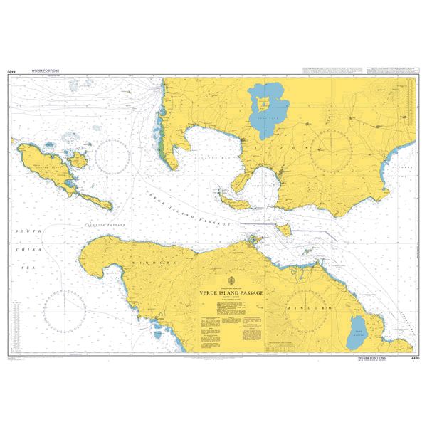 Product image of Admiralty Chart 4490 | Verde Island Passage, featuring navigational markings, depth soundings, and coastal features, essential for safe marine navigation. It could be displayed as an art piece or used for navigation on a boat or ship.