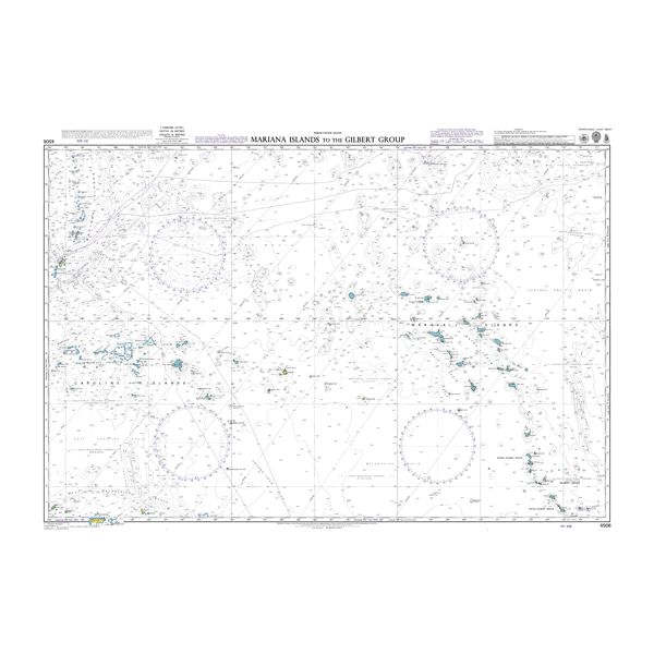 Product image of Admiralty Chart 4506 | Mariana Islands to the Gilbert Group, featuring navigational markings, depth soundings, and coastal features, essential for safe marine navigation. It could be displayed as an art piece or used for navigation on a boat or ship.