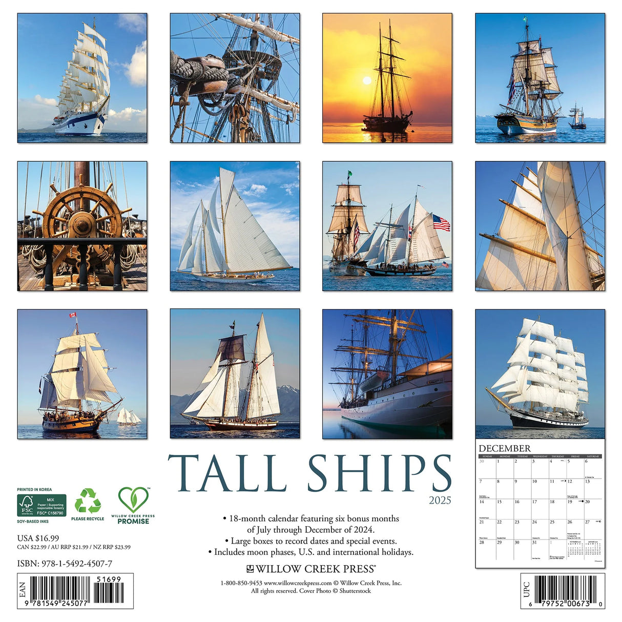 Explore the Willow Creek Tall Ships 2025 Calendar by Willow Creek Press, showcasing 12 breathtaking images of tall ships with sails unfurled on calm seas under clear skies. Covering 18 months from July 2023 to December 2024, it features stunning photos and maritime history events.