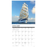 A tall ship with white sails navigates the sea under a clear blue sky. The Willow Creek Tall Ships 2025 Calendar by Willow Creek Press captures this maritime journey, marking special days and celebrating the storied history of tall ships within its pages.