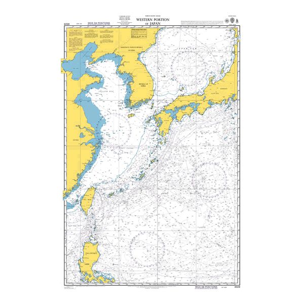 Product image of Admiralty Chart 4509 | Western Portion of Japan, featuring navigational markings, depth soundings, and coastal features, essential for safe marine navigation. It could be displayed as an art piece or used for navigation on a boat or ship.