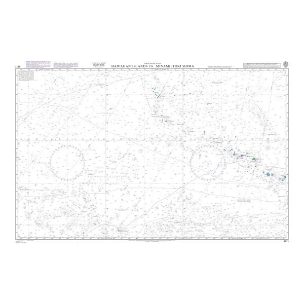 Product image of Admiralty Chart 4521 | Hawaiian Islands to Minami-tori Shima, featuring navigational markings, depth soundings, and coastal features, essential for safe marine navigation. It could be displayed as an art piece or used for navigation on a boat or ship.