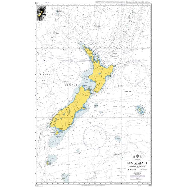 Product image of Admiralty Chart 4600 | New Zealand including Norfolk Island and Campbell Island, featuring navigational markings, depth soundings, and coastal features, essential for safe marine navigation. It could be displayed as an art piece or used for navigation on a boat or ship.