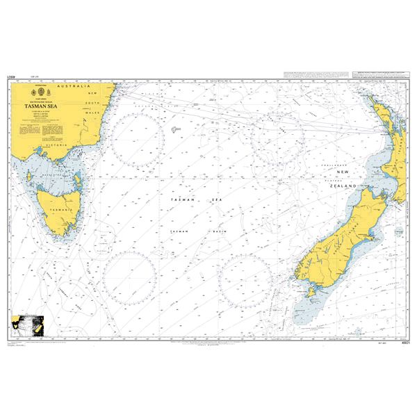 Product image of Admiralty Chart 4601 | Tasman Sea, featuring navigational markings, depth soundings, and coastal features, essential for safe marine navigation. It could be displayed as an art piece or used for navigation on a boat or ship.