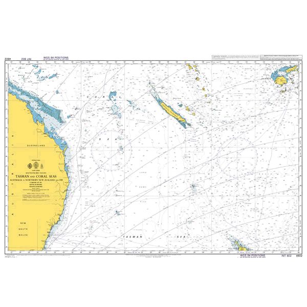 Product image of Admiralty Chart 4602 | Tasman and Coral Seas Australia to Northern New Zealand and Fiji, featuring navigational markings, depth soundings, and coastal features, essential for safe marine navigation. It could be displayed as an art piece or used for navigation on a boat or ship.