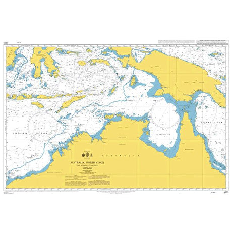 Product image of Admiralty Chart 4603 | Australia - North Coast and Adjacent Waters, featuring navigational markings, depth soundings, and coastal features, essential for safe marine navigation. It could be displayed as an art piece or used for navigation on a boat or ship.