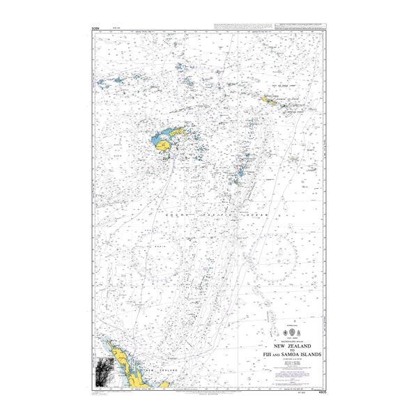 Product image of Admiralty Chart 4605 | New Zealand to Fiji and Samoa Islands, featuring navigational markings, depth soundings, and coastal features, essential for safe marine navigation. It could be displayed as an art piece or used for navigation on a boat or ship.