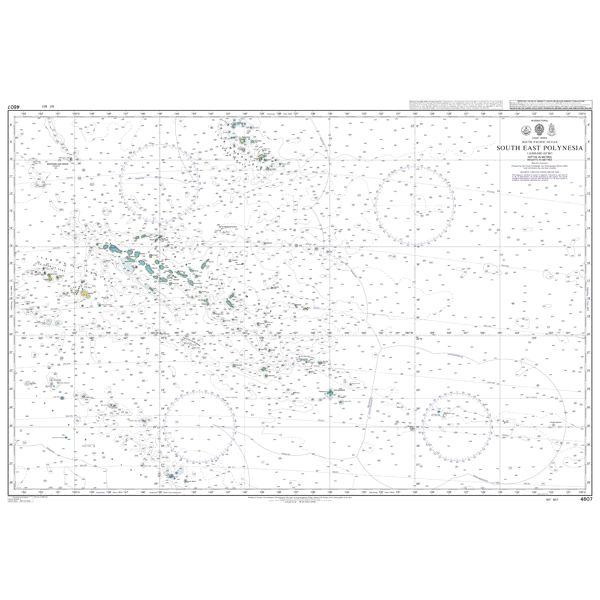 Product image of Admiralty Chart 4607 | South East Polynesia, featuring navigational markings, depth soundings, and coastal features, essential for safe marine navigation. It could be displayed as an art piece or used for navigation on a boat or ship.