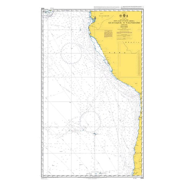 Product image of Admiralty Chart 4608 | Guayaquil to Valparaiso, featuring navigational markings, depth soundings, and coastal features, essential for safe marine navigation. It could be displayed as an art piece or used for navigation on a boat or ship.