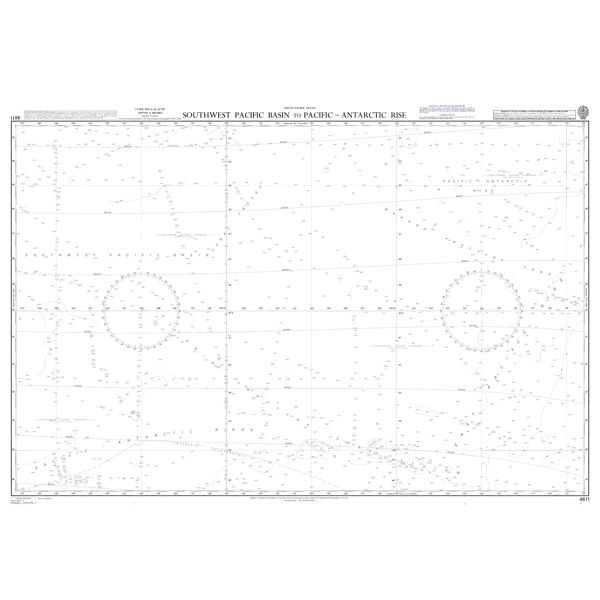 Product image of Admiralty Chart 4611 | Southwest Pacific Basin to Pacific-Antarctic Rise, featuring navigational markings, depth soundings, and coastal features, essential for safe marine navigation. It could be displayed as an art piece or used for navigation on a boat or ship.