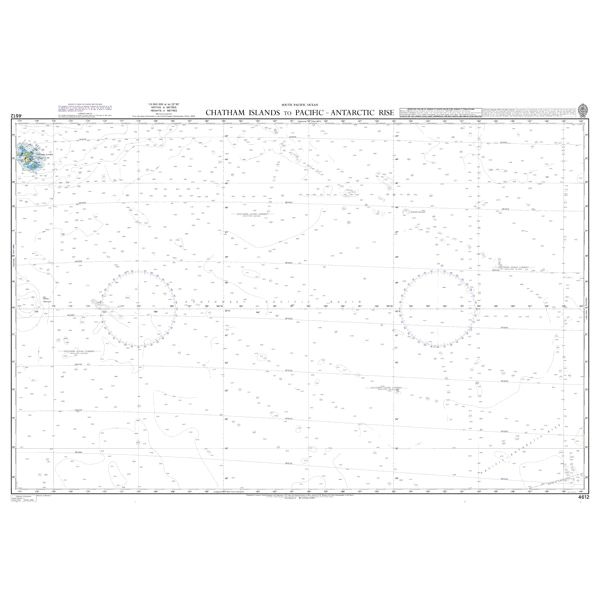 Product image of Admiralty Chart 4612 | Chatham Islands to Pacific-Antarctic Rise, featuring navigational markings, depth soundings, and coastal features, essential for safe marine navigation. It could be displayed as an art piece or used for navigation on a boat or ship.