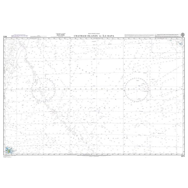 Product image of Admiralty Chart 4613 | Chatham Islands to Ile Rapa, featuring navigational markings, depth soundings, and coastal features, essential for safe marine navigation. It could be displayed as an art piece or used for navigation on a boat or ship.