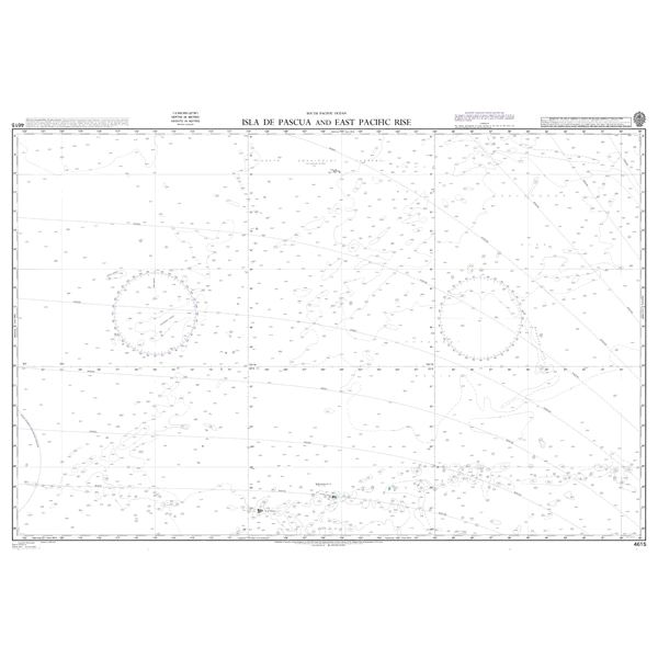 Product image of Admiralty Chart 4615 | Isla de Pascua and East Pacific Rise, featuring navigational markings, depth soundings, and coastal features, essential for safe marine navigation. It could be displayed as an art piece or used for navigation on a boat or ship.