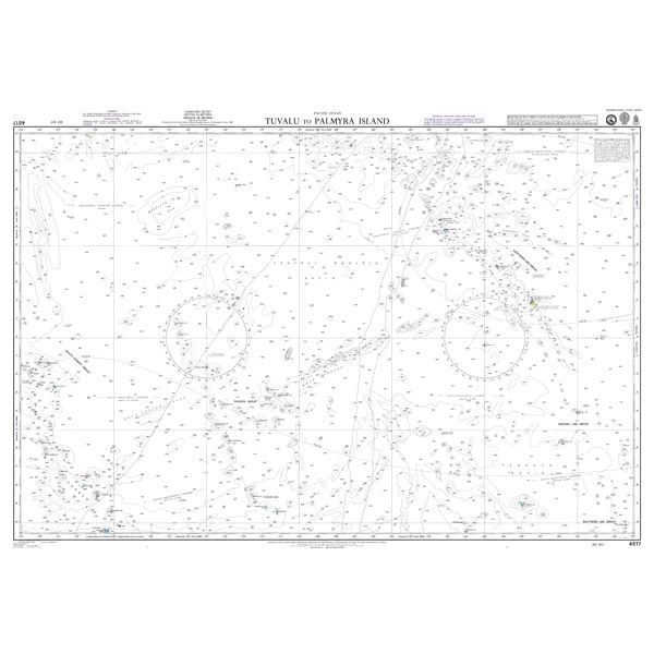 Product image of Admiralty Chart 4617 | Tuvalu to Palmyra Island, featuring navigational markings, depth soundings, and coastal features, essential for safe marine navigation. It could be displayed as an art piece or used for navigation on a boat or ship.