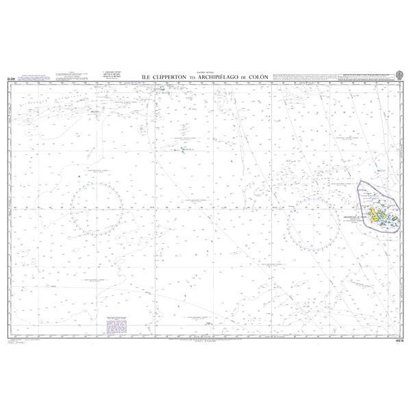 Product image of Admiralty Chart 4618 | Ile Clipperton to Archipielago de Colon, featuring navigational markings, depth soundings, and coastal features, essential for safe marine navigation. It could be displayed as an art piece or used for navigation on a boat or ship.