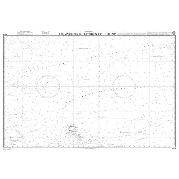 Product image of Admiralty Chart 4619 | Iles Marquises to Clipperton Fracture Zone, featuring navigational markings, depth soundings, and coastal features, essential for safe marine navigation. It could be displayed as an art piece or used for navigation on a boat or ship.