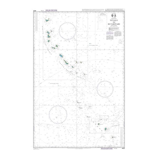 Product image of Admiralty Chart 4625 | Tuvalu to Butaritari, featuring navigational markings, depth soundings, and coastal features, essential for safe marine navigation. It could be displayed as an art piece or used for navigation on a boat or ship.